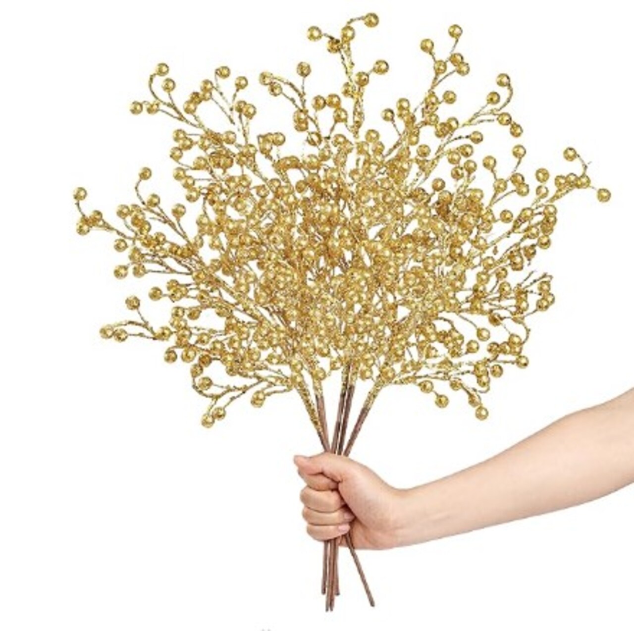 Artificial Glitter Berry Stems, 10 Pack Glitter Berries for Christmas Glitter Sticks, 18.9 in. Spray Picks for Christmas Tree Wreath Holiday Home Xmas DIY Crafts Decor (Gold)